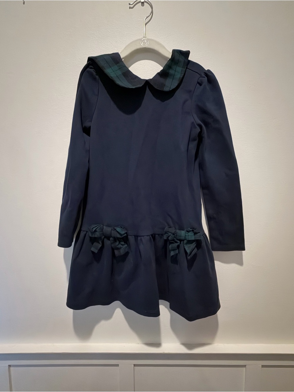 Janie and Jack Girls Navy Tartan Peter Pan Collar Bow Dress Size 6